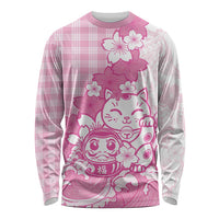 Pink Palaka Hawaiian And Japanese Long Sleeve Shirt Maneki Neko And Sakura Bloom DT05 Unisex Pink - Polynesian Pride