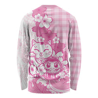 Pink Palaka Hawaiian And Japanese Long Sleeve Shirt Maneki Neko And Sakura Bloom DT05 - Polynesian Pride