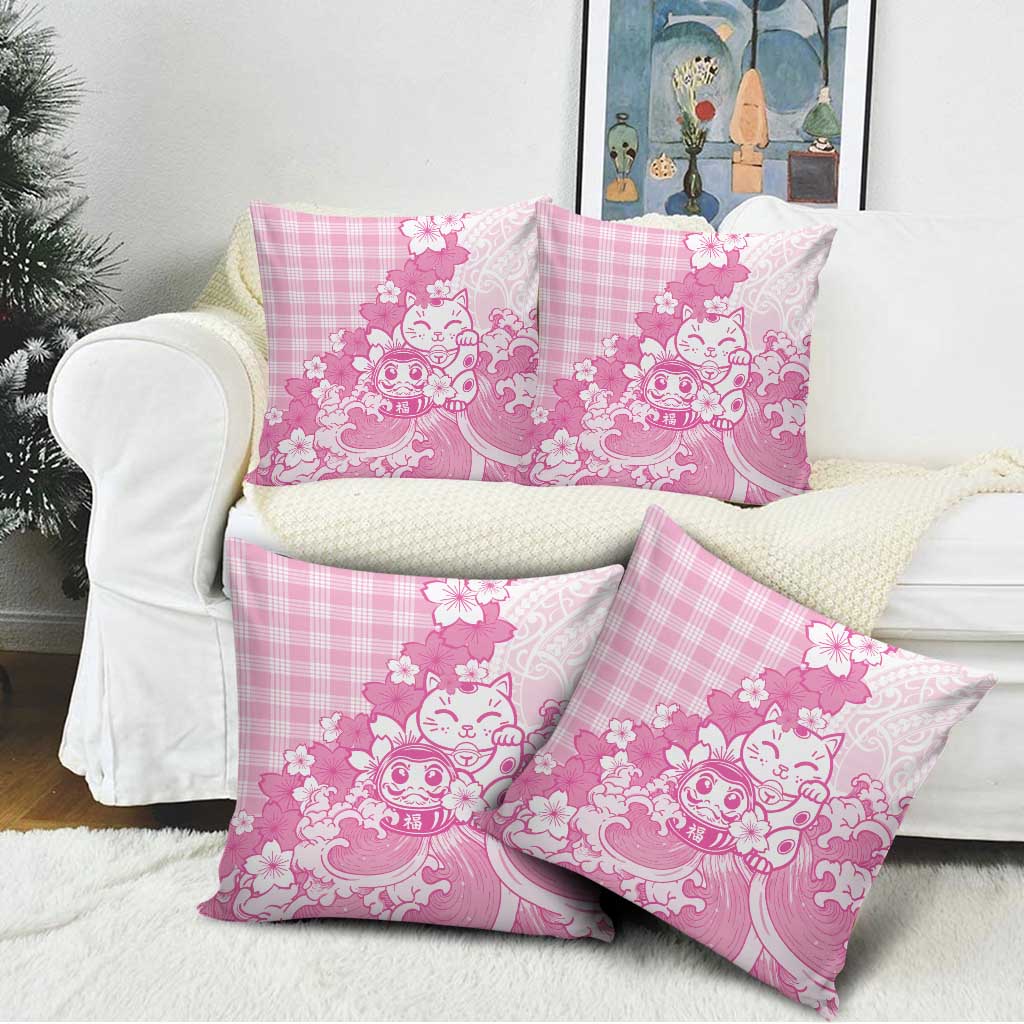 Pink Palaka Hawaiian And Japanese Pillow Cover Maneki Neko And Sakura Bloom