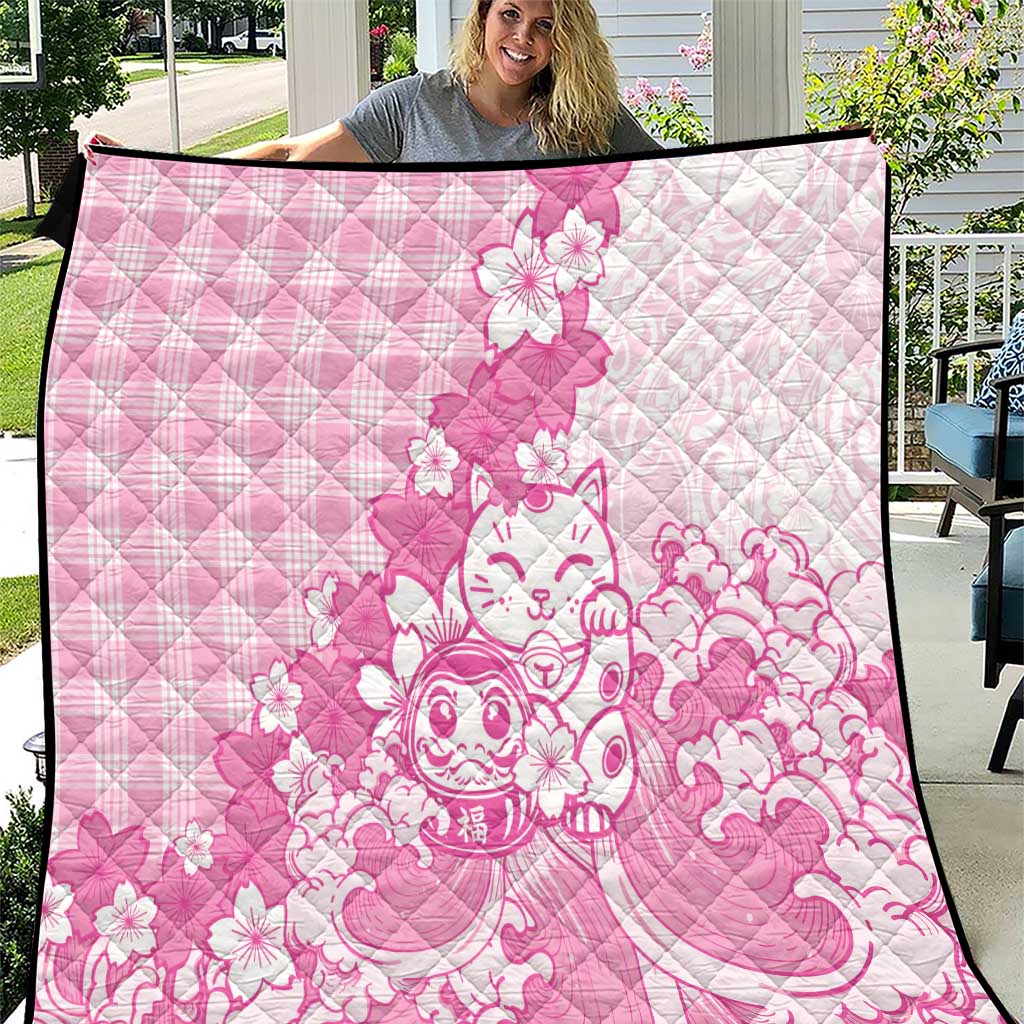 Pink Palaka Hawaiian And Japanese Quilt Maneki Neko And Sakura Bloom