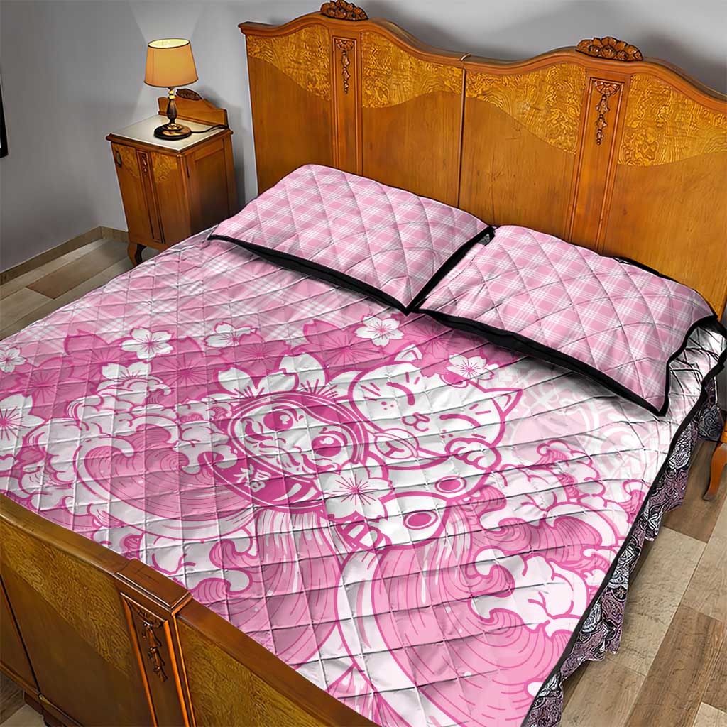 Pink Palaka Hawaiian And Japanese Quilt Bed Set Maneki Neko And Sakura Bloom