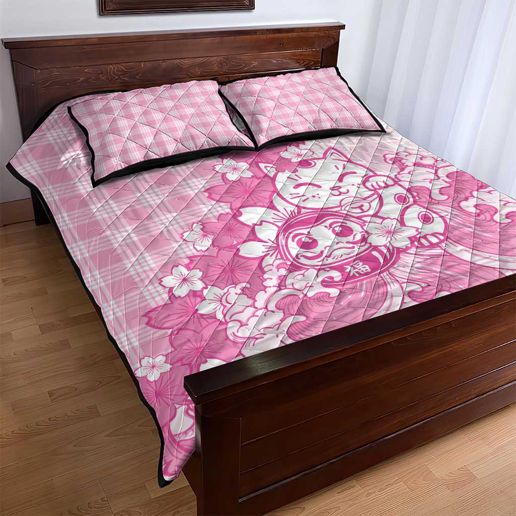 Pink Palaka Hawaiian And Japanese Quilt Bed Set Maneki Neko And Sakura Bloom