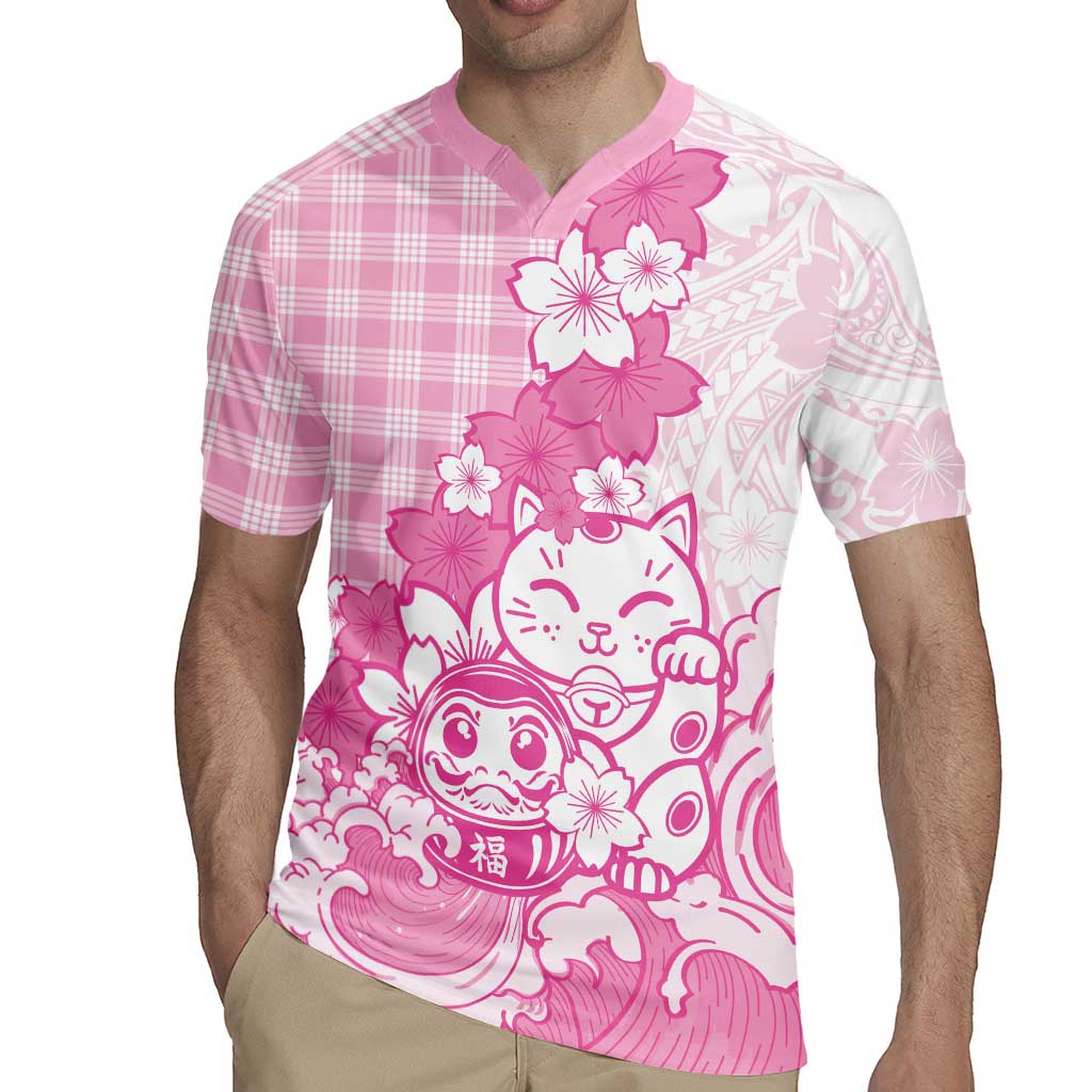 Pink Palaka Hawaiian And Japanese Rugby Jersey Maneki Neko And Sakura Bloom