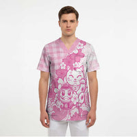 Pink Palaka Hawaiian And Japanese Scrub Top Maneki Neko And Sakura Bloom