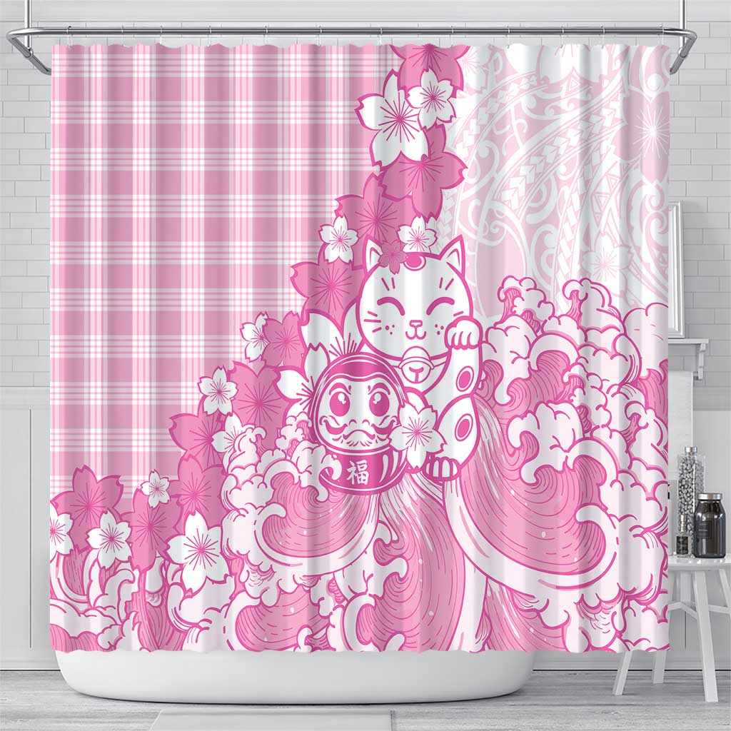 Pink Palaka Hawaiian And Japanese Shower Curtain Maneki Neko And Sakura Bloom
