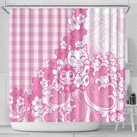 Pink Palaka Hawaiian And Japanese Shower Curtain Maneki Neko And Sakura Bloom