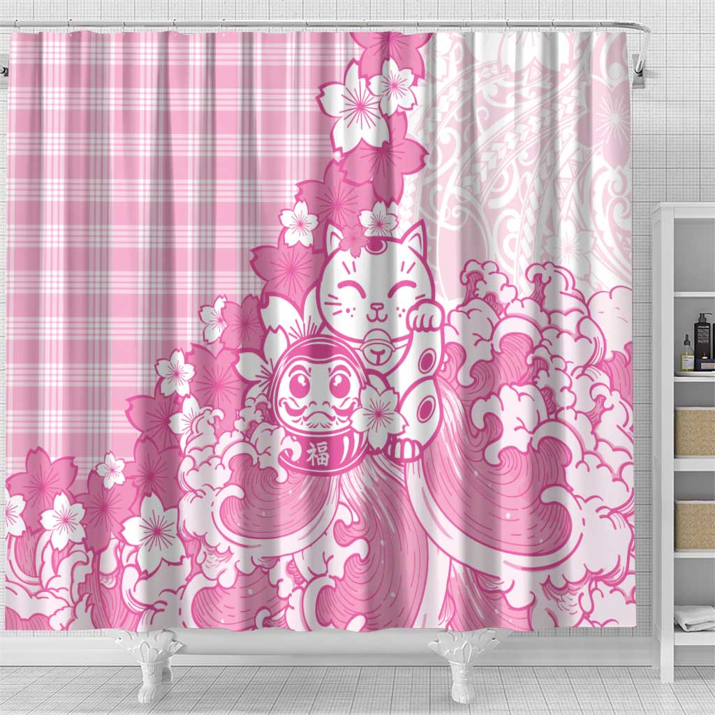 Pink Palaka Hawaiian And Japanese Shower Curtain Maneki Neko And Sakura Bloom