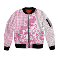 Pink Palaka Hawaiian And Japanese Sleeve Zip Bomber Jacket Maneki Neko And Sakura Bloom