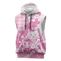Pink Palaka Hawaiian And Japanese Sleeveless Hoodie Maneki Neko And Sakura Bloom