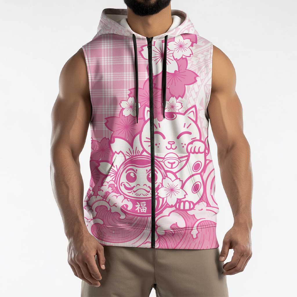 Pink Palaka Hawaiian And Japanese Sleeveless Zip Hoodie Maneki Neko And Sakura Bloom