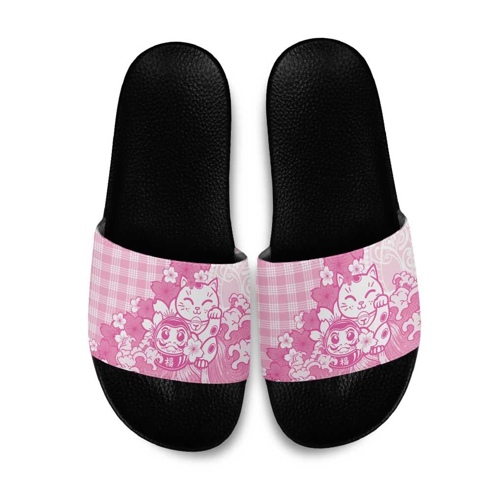 Pink Palaka Hawaiian And Japanese Slide Sandals Maneki Neko And Sakura Bloom