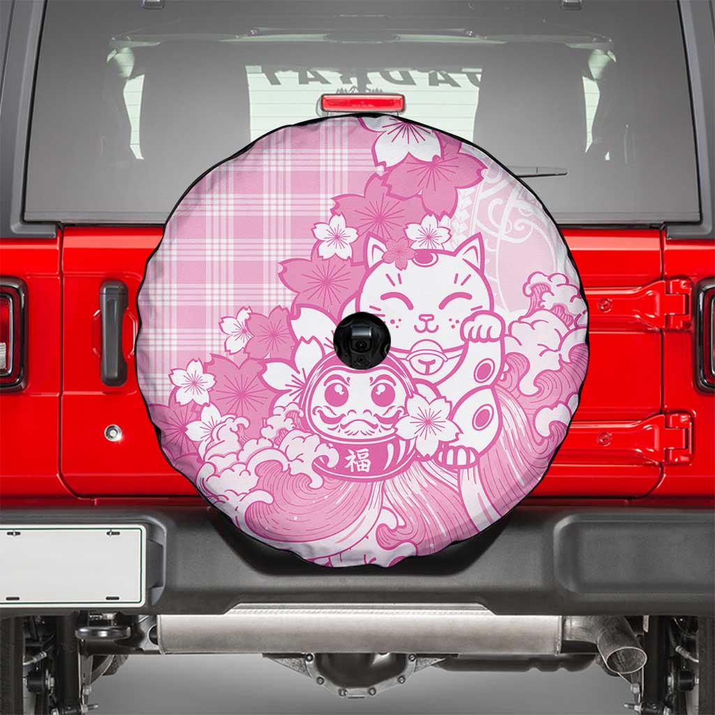 Pink Palaka Hawaiian And Japanese Spare Tire Cover Maneki Neko And Sakura Bloom