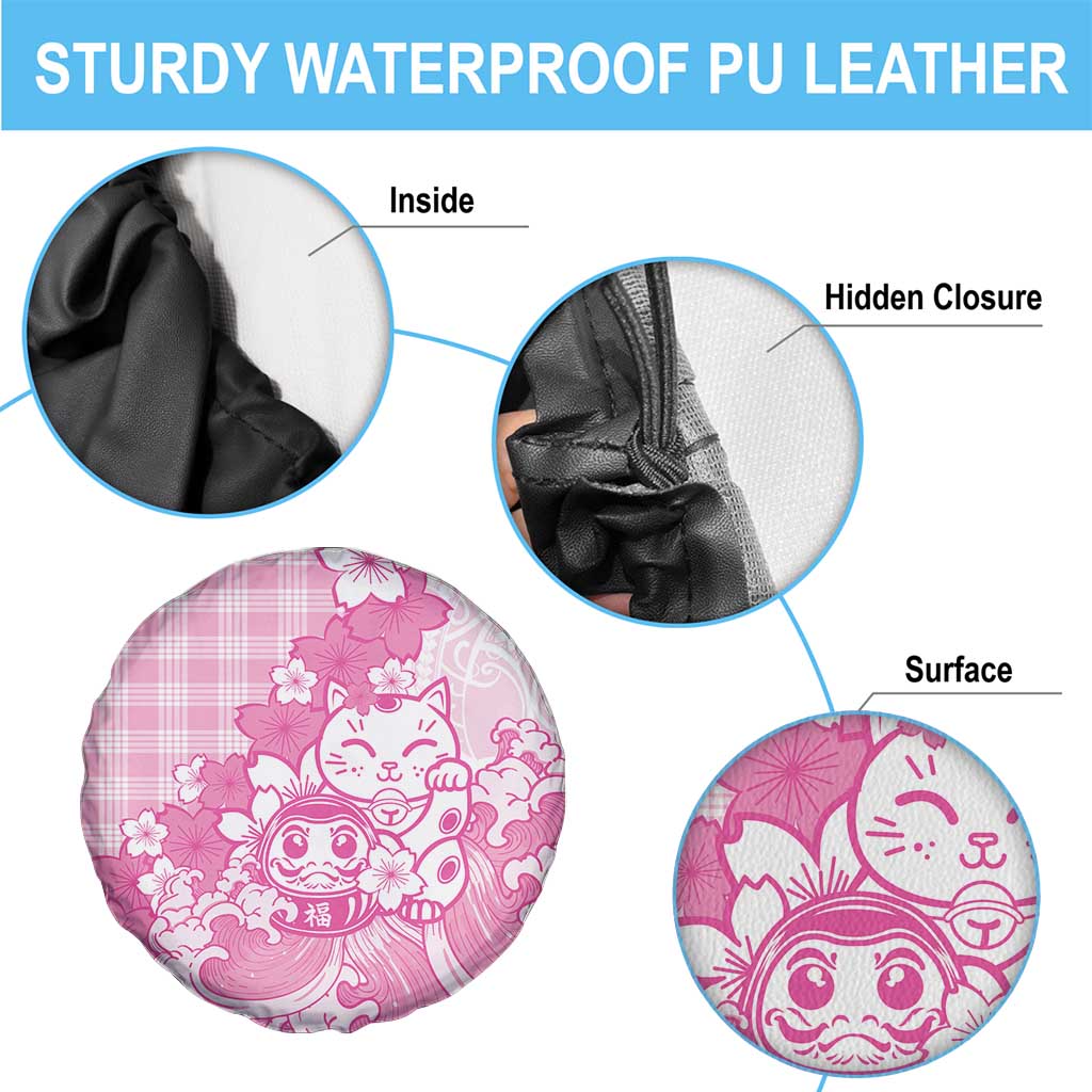 Pink Palaka Hawaiian And Japanese Spare Tire Cover Maneki Neko And Sakura Bloom