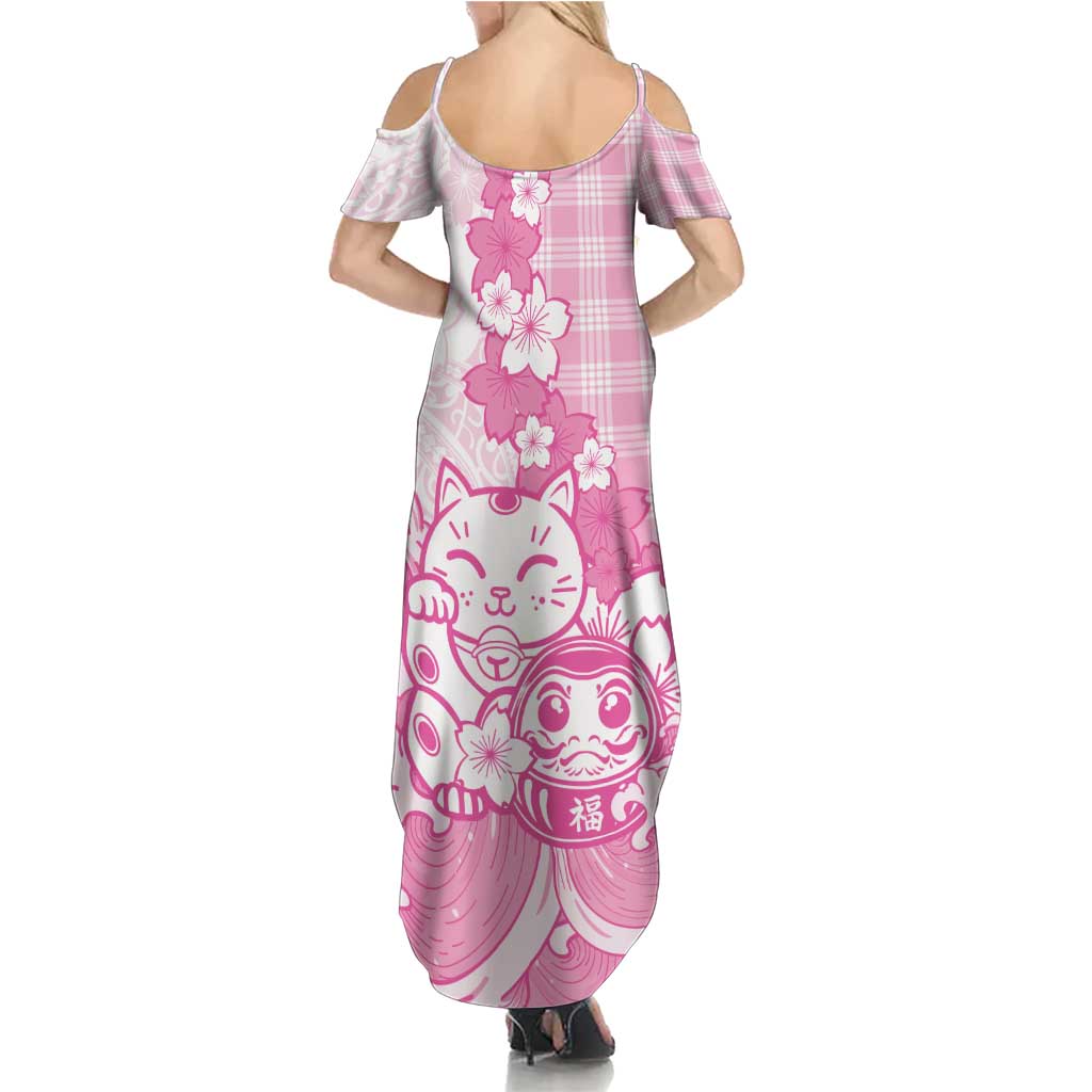 Pink Palaka Hawaiian And Japanese Summer Maxi Dress Maneki Neko And Sakura Bloom