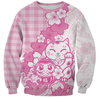 Pink Palaka Hawaiian And Japanese Sweatshirt Maneki Neko And Sakura Bloom