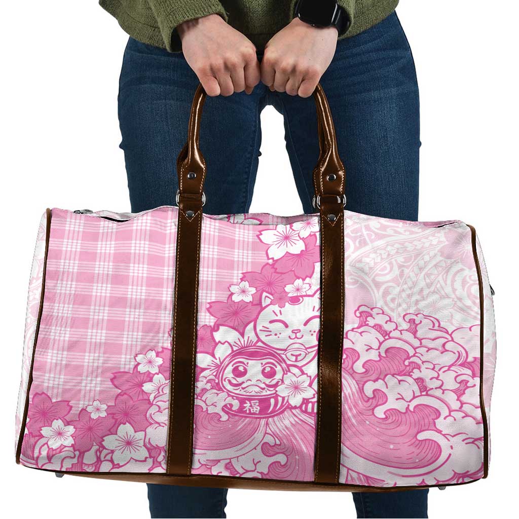 Pink Palaka Hawaiian And Japanese Travel Bag Maneki Neko And Sakura Bloom DT05 Pink - Polynesian Pride