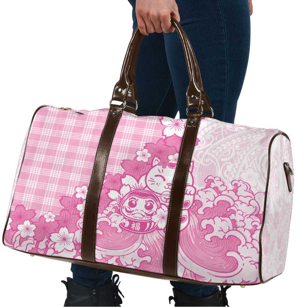 Pink Palaka Hawaiian And Japanese Travel Bag Maneki Neko And Sakura Bloom DT05 - Polynesian Pride