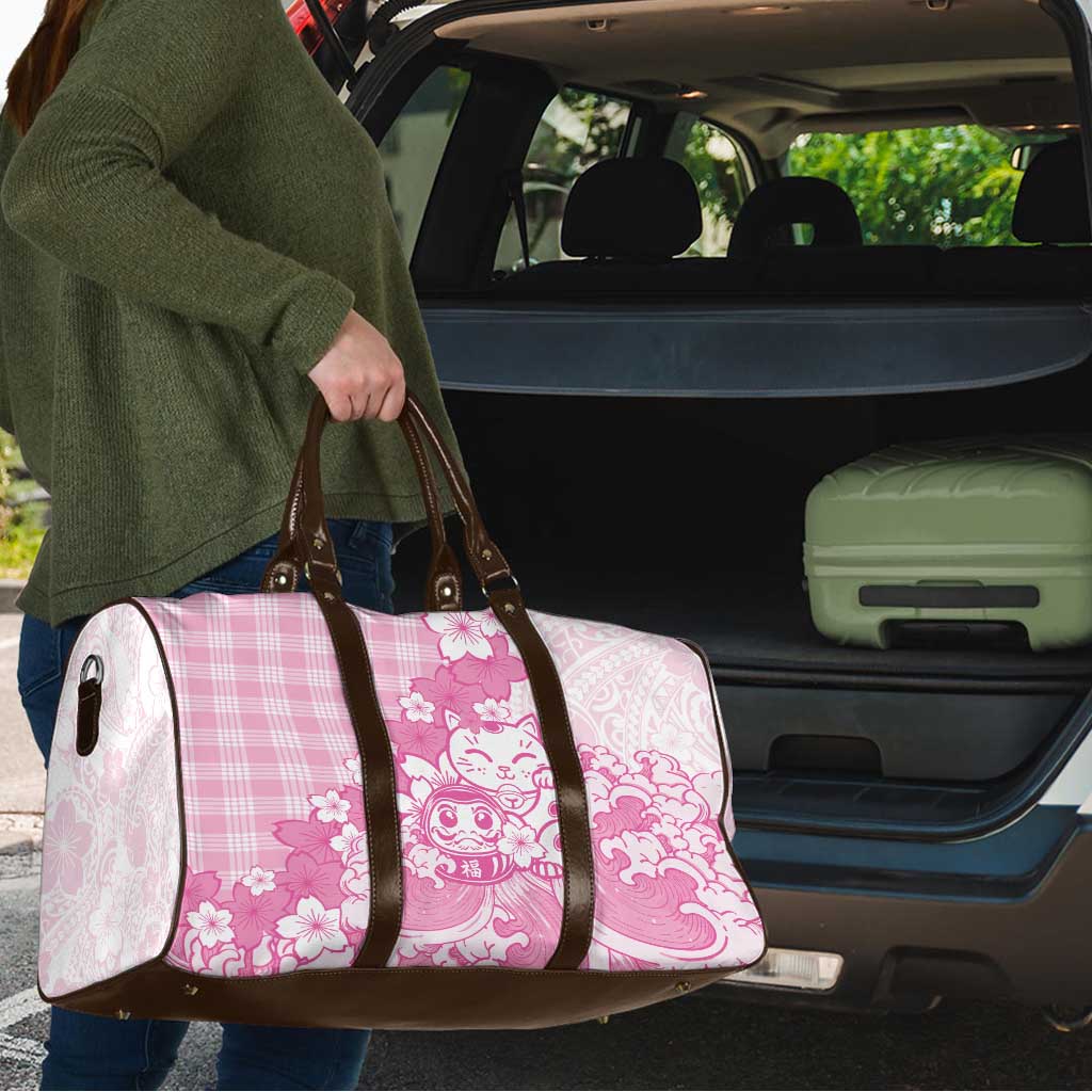 Pink Palaka Hawaiian And Japanese Travel Bag Maneki Neko And Sakura Bloom DT05 - Polynesian Pride