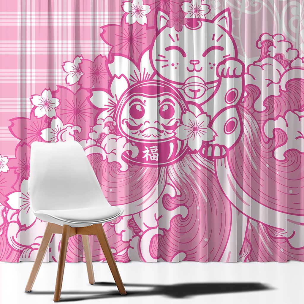 Pink Palaka Hawaiian And Japanese Window Curtain Maneki Neko And Sakura Bloom