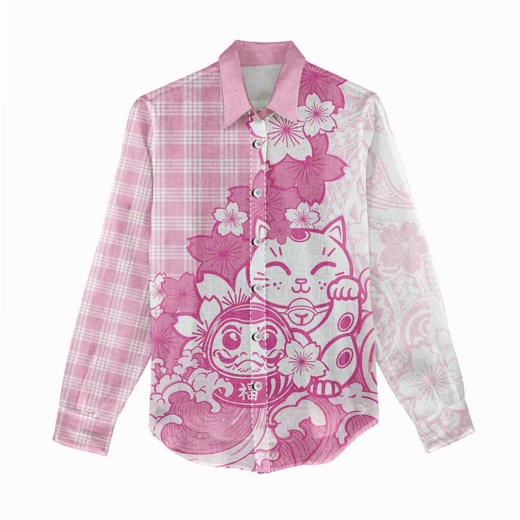 Pink Palaka Hawaiian And Japanese Women Casual Shirt Maneki Neko And Sakura Bloom DT05 - Polynesian Pride