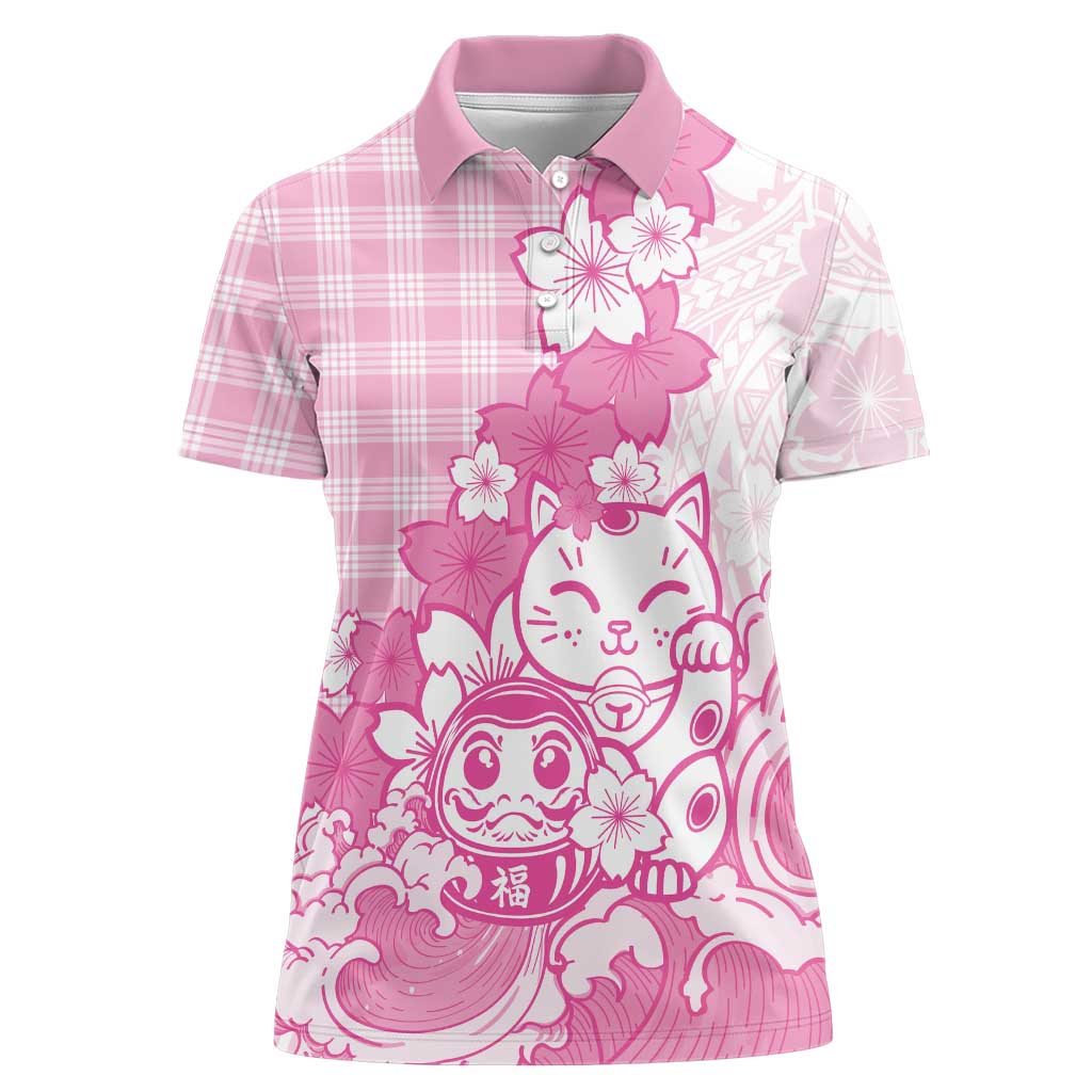 Pink Palaka Hawaiian And Japanese Women Polo Shirt Maneki Neko And Sakura Bloom DT05 Female Pink - Polynesian Pride