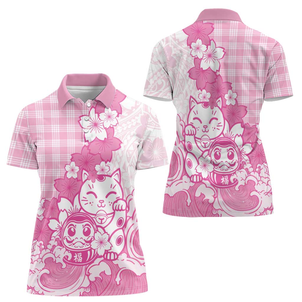 Pink Palaka Hawaiian And Japanese Women Polo Shirt Maneki Neko And Sakura Bloom DT05 - Polynesian Pride