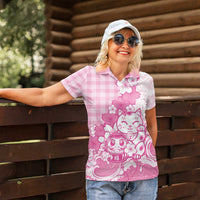 Pink Palaka Hawaiian And Japanese Women Polo Shirt Maneki Neko And Sakura Bloom DT05 - Polynesian Pride