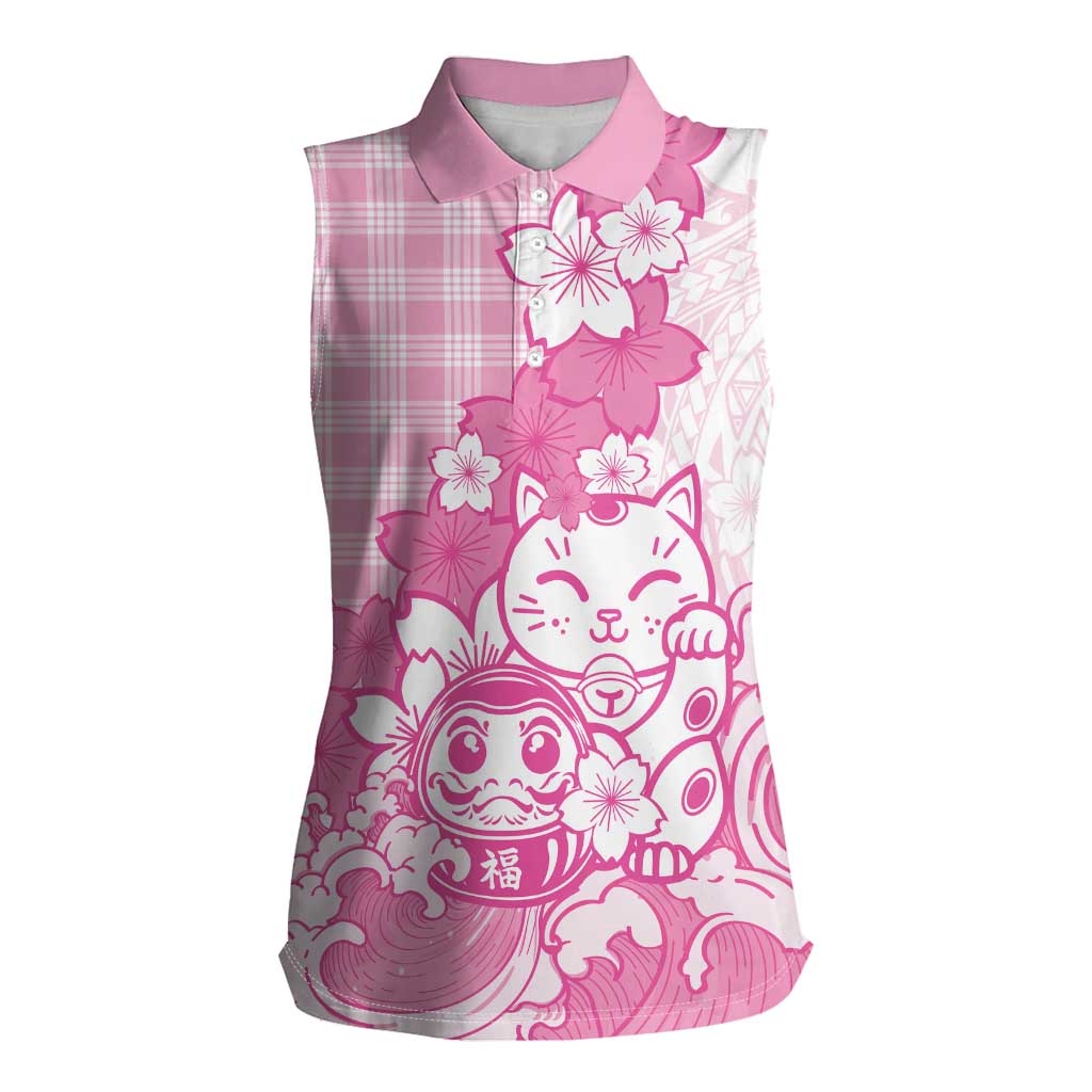 Pink Palaka Hawaiian And Japanese Women Sleeveless Polo Shirt Maneki Neko And Sakura Bloom DT05 Female Pink - Polynesian Pride