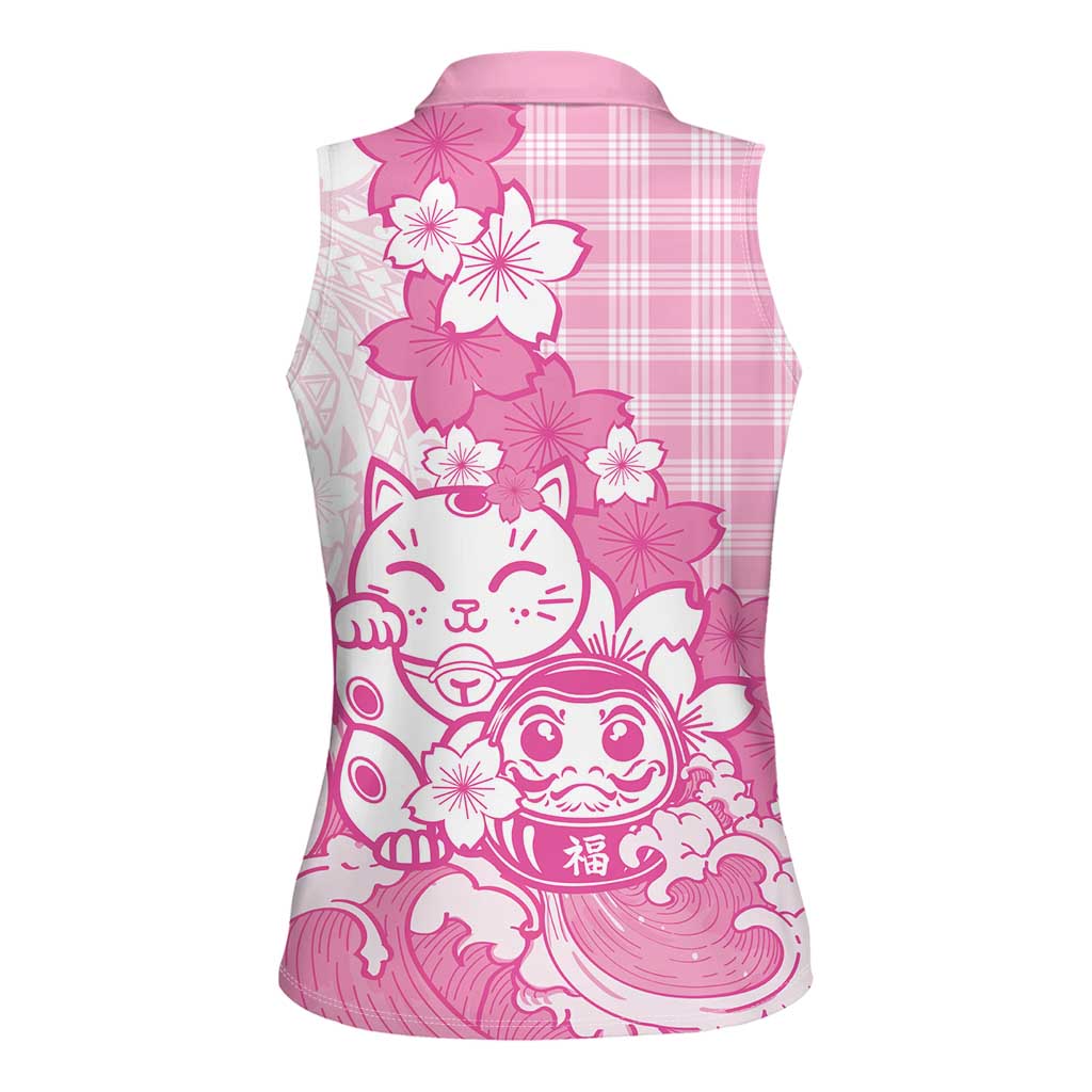 Pink Palaka Hawaiian And Japanese Women Sleeveless Polo Shirt Maneki Neko And Sakura Bloom DT05 - Polynesian Pride