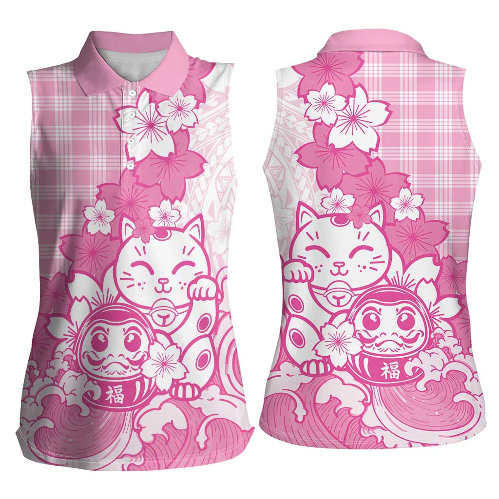 Pink Palaka Hawaiian And Japanese Women Sleeveless Polo Shirt Maneki Neko And Sakura Bloom DT05 - Polynesian Pride