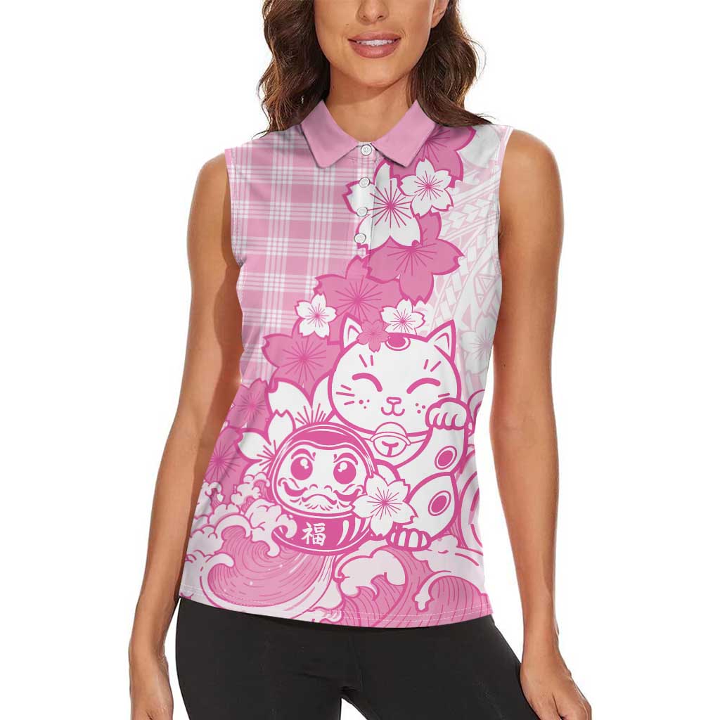 Pink Palaka Hawaiian And Japanese Women Sleeveless Polo Shirt Maneki Neko And Sakura Bloom DT05 - Polynesian Pride