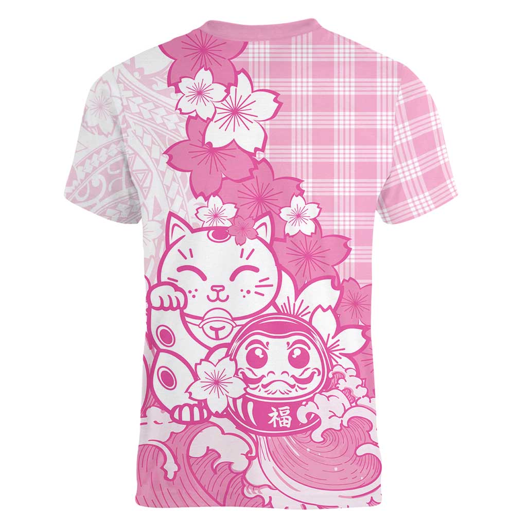 Pink Palaka Hawaiian And Japanese Women V-Neck T-Shirt Maneki Neko And Sakura Bloom DT05 - Polynesian Pride