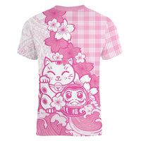 Pink Palaka Hawaiian And Japanese Women V-Neck T-Shirt Maneki Neko And Sakura Bloom DT05 - Polynesian Pride