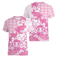 Pink Palaka Hawaiian And Japanese Women V-Neck T-Shirt Maneki Neko And Sakura Bloom DT05 - Polynesian Pride