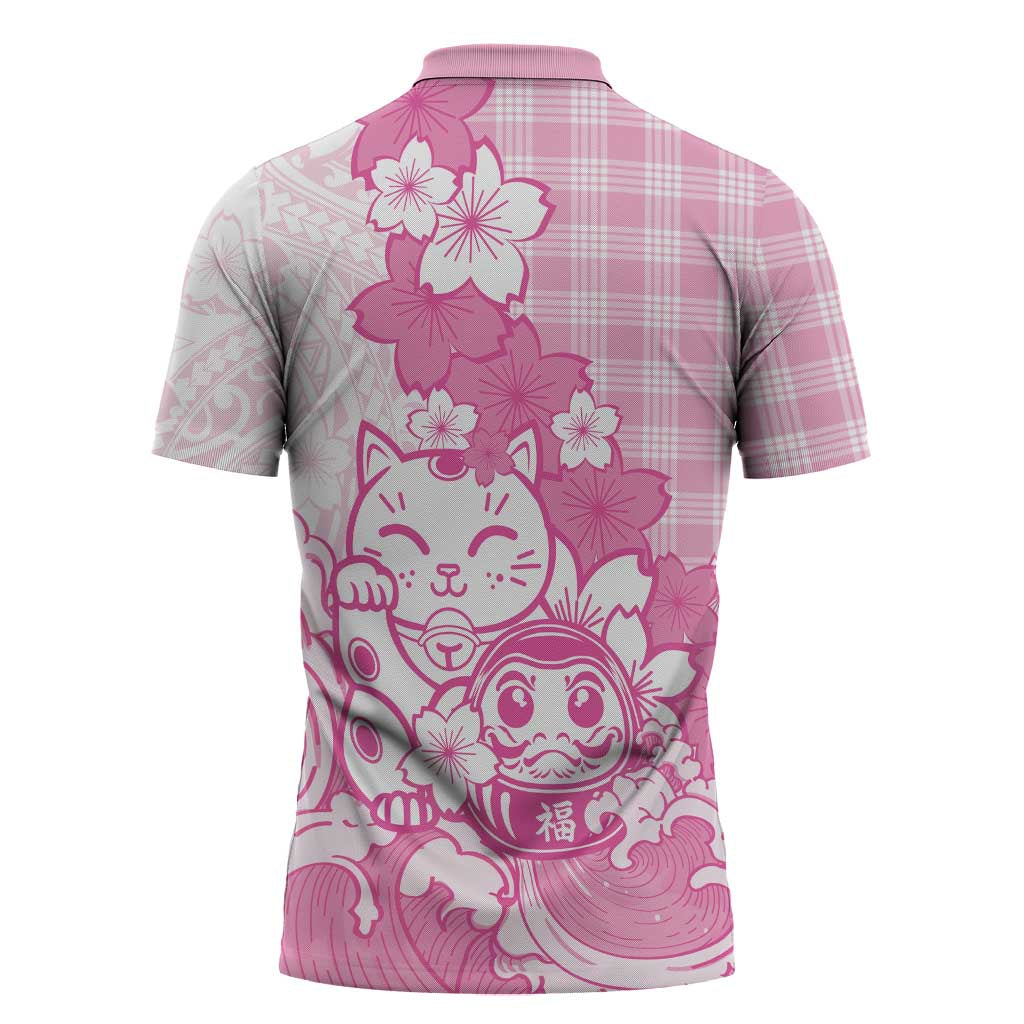 Pink Palaka Hawaiian And Japanese Zipper Polo Shirt Maneki Neko And Sakura Bloom