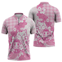 Pink Palaka Hawaiian And Japanese Zipper Polo Shirt Maneki Neko And Sakura Bloom