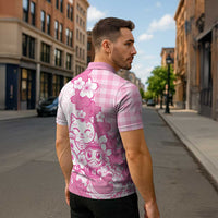 Pink Palaka Hawaiian And Japanese Zipper Polo Shirt Maneki Neko And Sakura Bloom