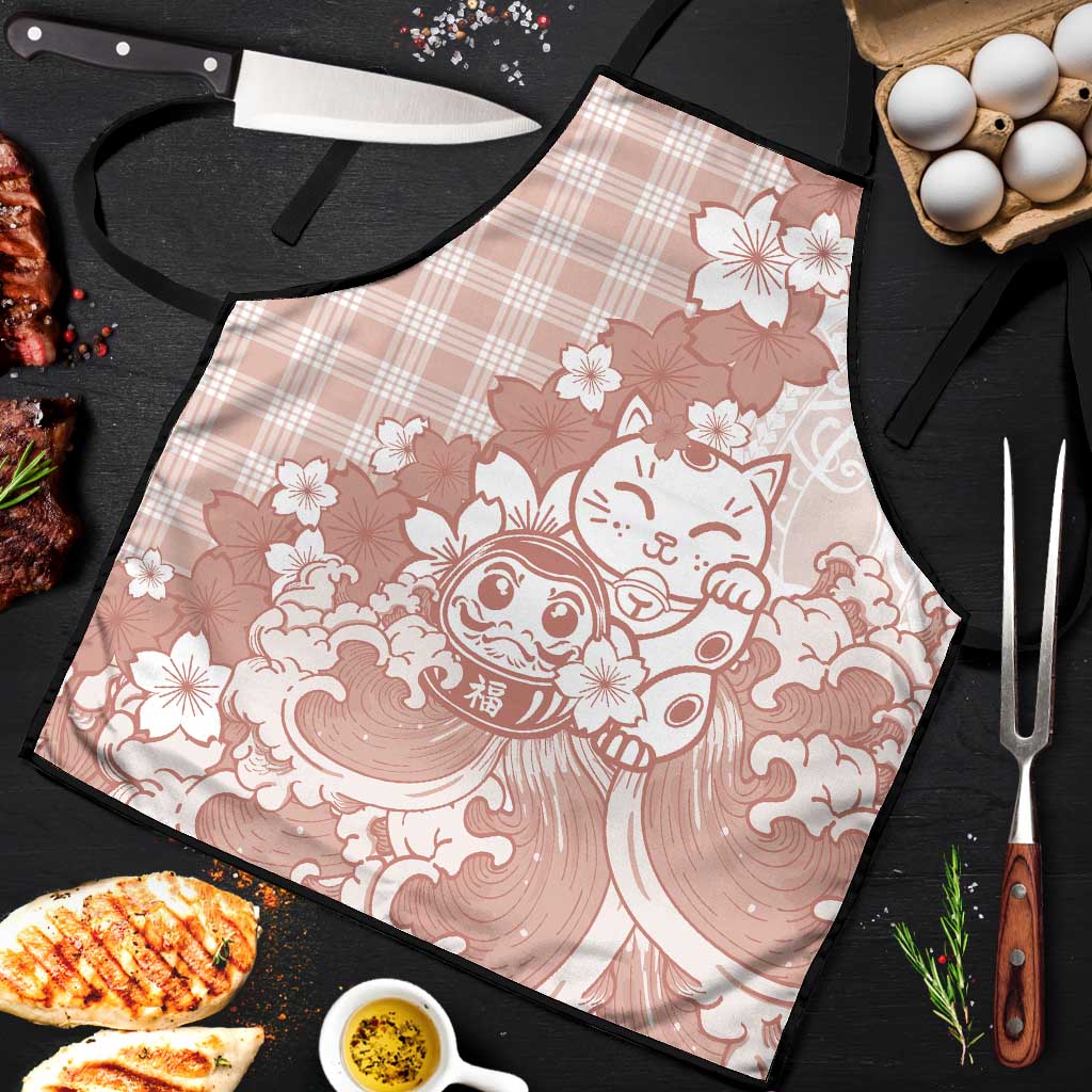 Beige Palaka Hawaiian And Japanese Apron Maneki Neko And Sakura Bloom