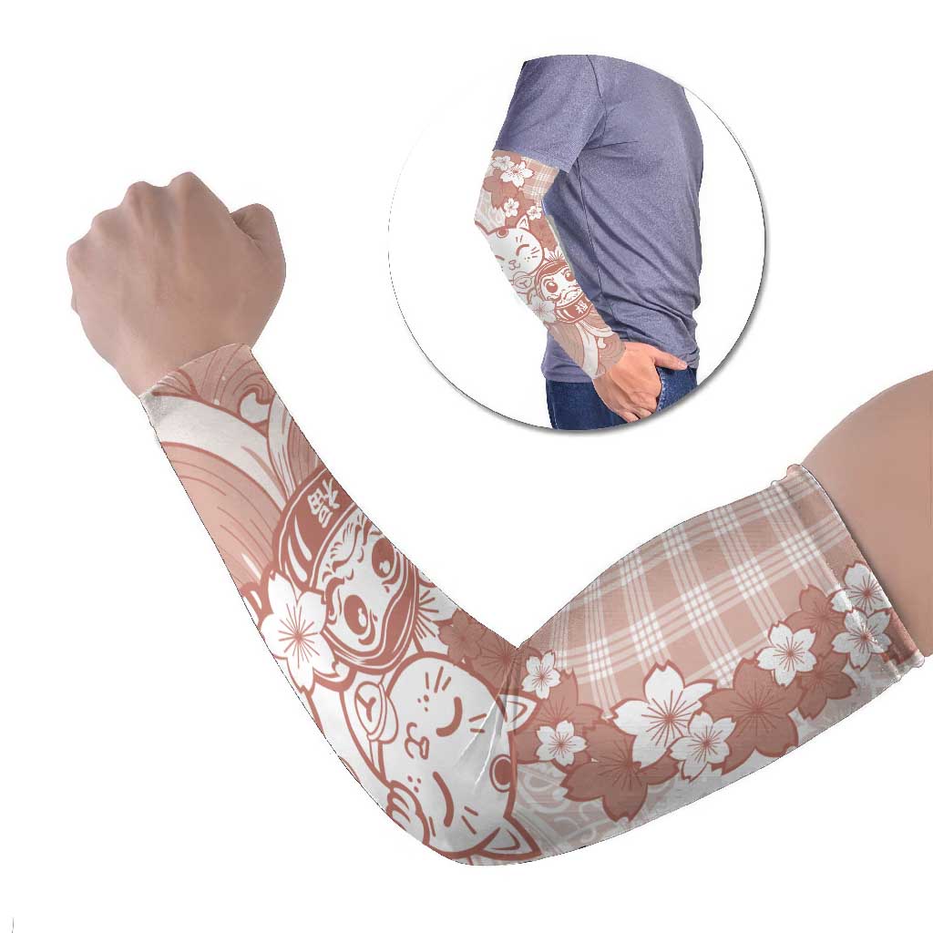 Beige Palaka Hawaiian And Japanese Arm Sleeves Maneki Neko And Sakura Bloom