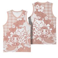 Beige Palaka Hawaiian And Japanese Basketball Jersey Maneki Neko And Sakura Bloom