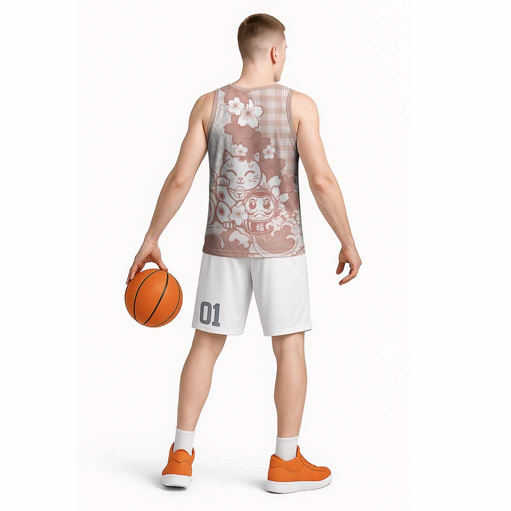 Beige Palaka Hawaiian And Japanese Basketball Jersey Maneki Neko And Sakura Bloom