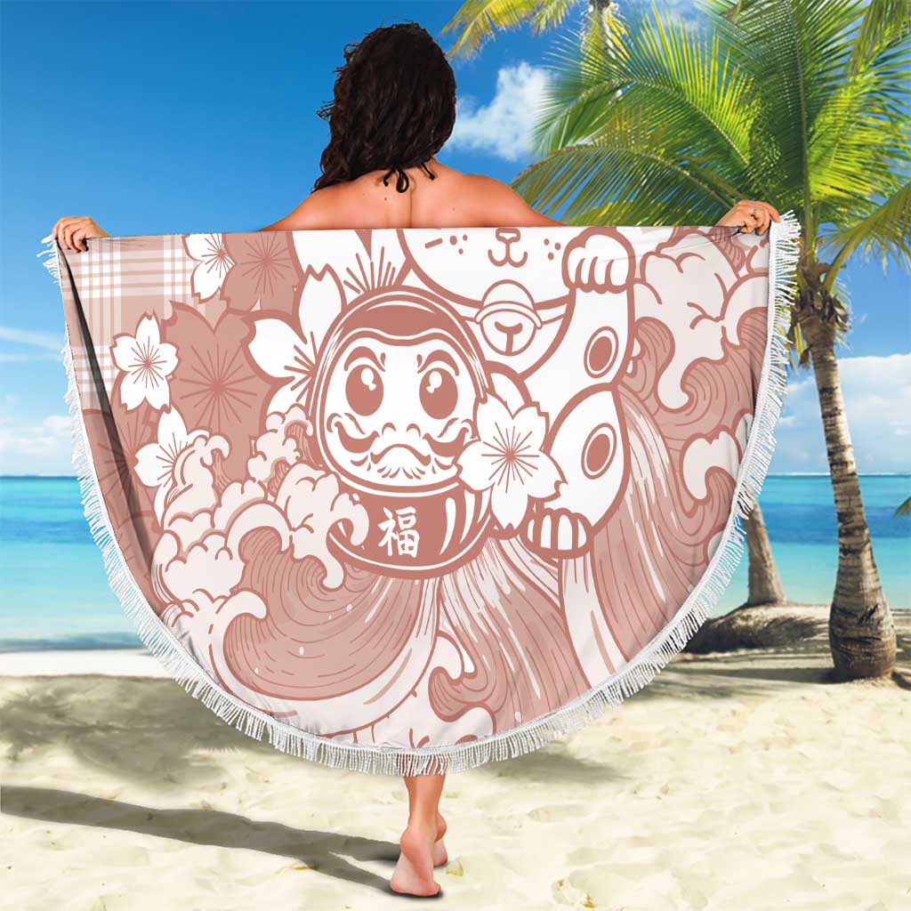 Beige Palaka Hawaiian And Japanese Beach Blanket Maneki Neko And Sakura Bloom