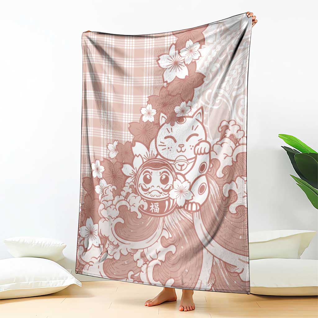 Beige Palaka Hawaiian And Japanese Blanket Maneki Neko And Sakura Bloom