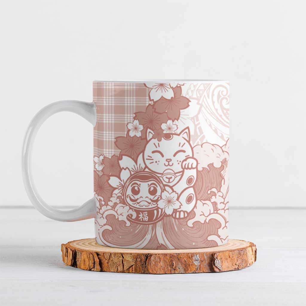 Beige Palaka Hawaiian And Japanese Ceramic Mug Maneki Neko And Sakura Bloom