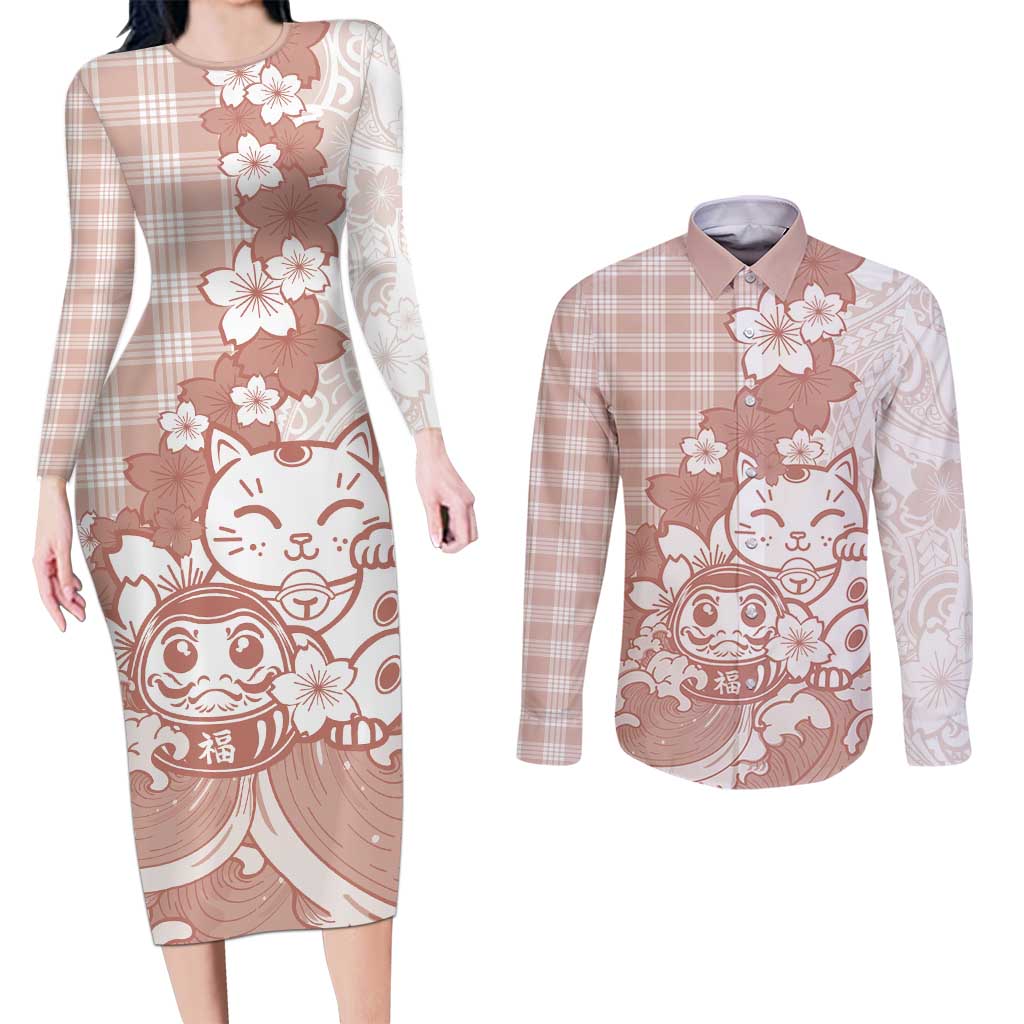Beige Palaka Hawaiian And Japanese Couples Matching Long Sleeve Bodycon Dress and Long Sleeve Button Shirt Maneki Neko And Sakura Bloom DT05 Beige - Polynesian Pride