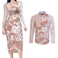 Beige Palaka Hawaiian And Japanese Couples Matching Long Sleeve Bodycon Dress and Long Sleeve Button Shirt Maneki Neko And Sakura Bloom DT05 Beige - Polynesian Pride