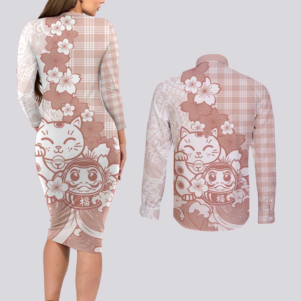 Beige Palaka Hawaiian And Japanese Couples Matching Long Sleeve Bodycon Dress and Long Sleeve Button Shirt Maneki Neko And Sakura Bloom DT05 - Polynesian Pride