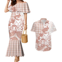 Beige Palaka Hawaiian And Japanese Couples Matching Mermaid Dress and Hawaiian Shirt Maneki Neko And Sakura Bloom DT05 Beige - Polynesian Pride