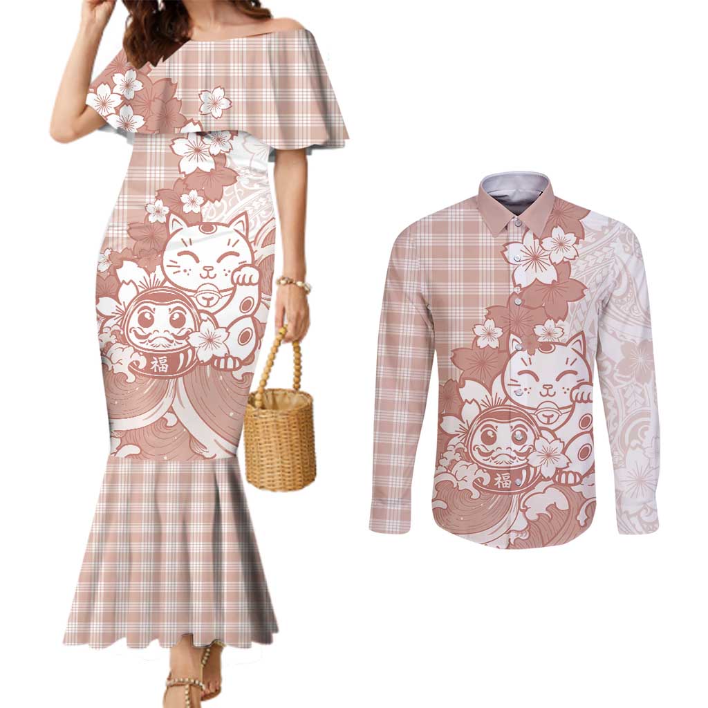 Beige Palaka Hawaiian And Japanese Couples Matching Mermaid Dress and Long Sleeve Button Shirt Maneki Neko And Sakura Bloom DT05 Beige - Polynesian Pride