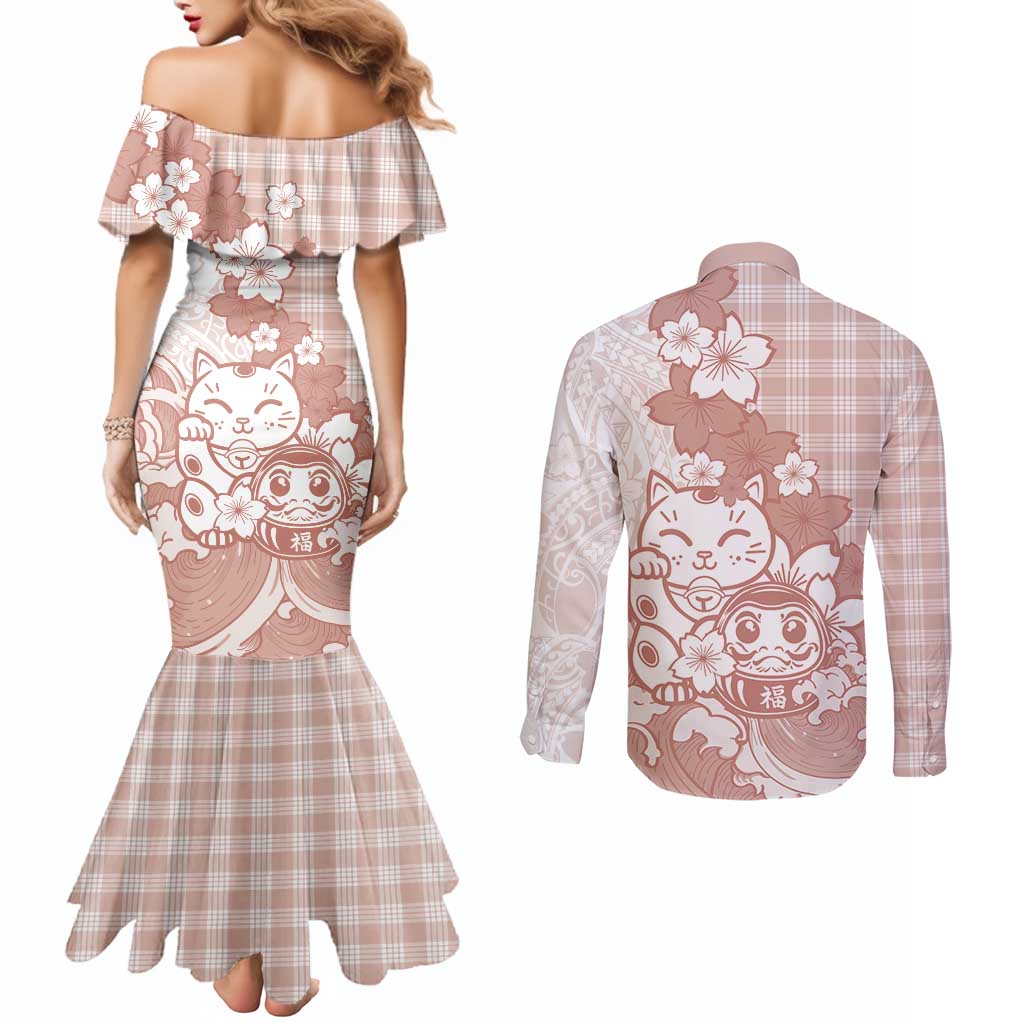 Beige Palaka Hawaiian And Japanese Couples Matching Mermaid Dress and Long Sleeve Button Shirt Maneki Neko And Sakura Bloom DT05 - Polynesian Pride